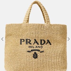 Prada Milano Raffia Tote Bag Large Logo Beige Black – Full Set NEW
